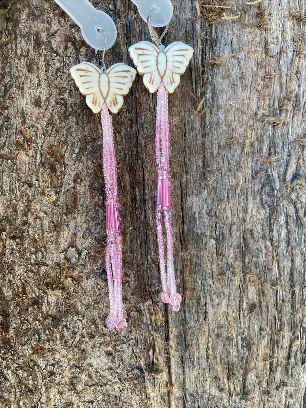 Butterfly Tassel Beaded Drop Earrings - Pink & White
